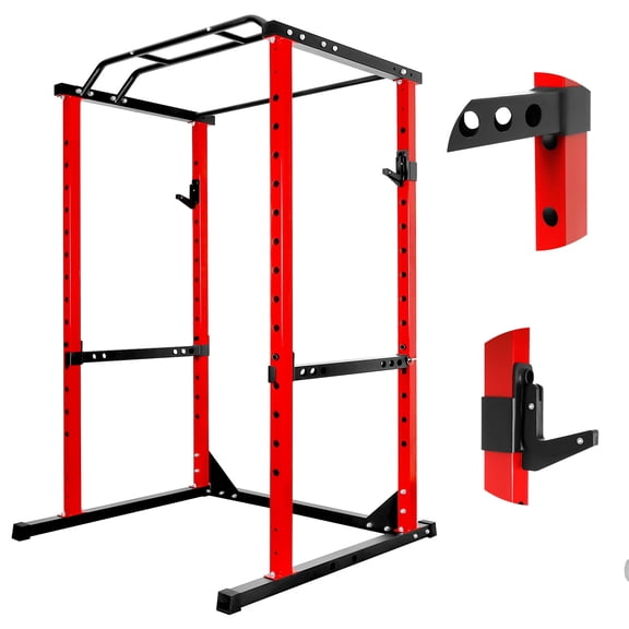 Muweixin Commercial Grade Red Squat Rack, 1.8mm Thick Steel Power Cage with Multi-Grip Pull-Up Bar, for Home & Garage Gym Use