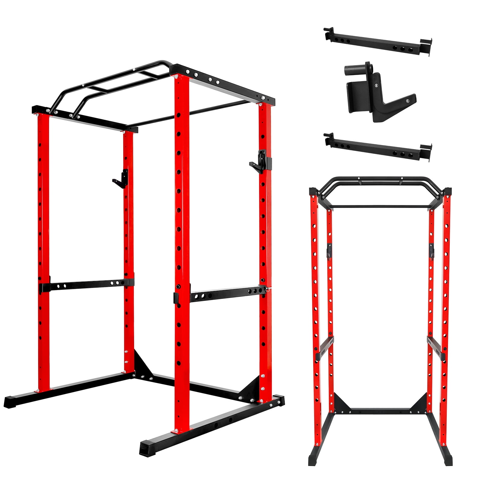 Muweixin Compact Red Power Rack Squat Stand, Adjustable Safety Spotter Arms for Weightlifting, Space-Saving Home Gym Equipment