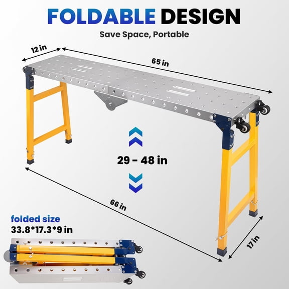 Muweixin Foldable Welding Workbench, 1100lb Capacity, Height Adjustable 29-48in, Mobile Steel Table with Locking Casters, for Construction & Auto Repair