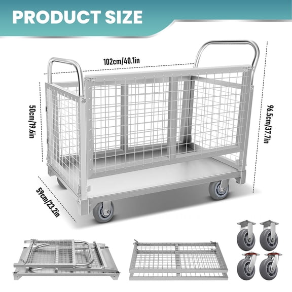 Muweixin Foldable Wire Mesh Utility Cart, 4-in-1 Heavy Duty Rolling Cage Truck, 360 Wheels, for Warehouse & Sports Storage