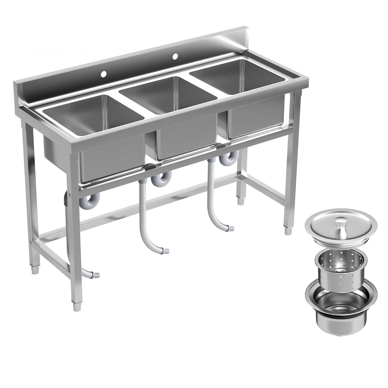 Muweixin Freestanding 3 Compartment Stainless Steel Sink, Commercial 3-Bay Utility Sink with Backsplash & Adjustable Feet for Restaurant, Kitchen, Garage