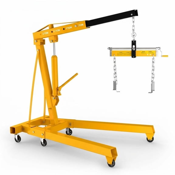 Muweixin Heavy Duty 2 Ton Engine Lift Hoist, 4400lbs Yellow Hydraulic Crane with 9t Jack, Stable Triangular Frame, Foldable Cherry Picker for Industrial, Automotive Use
