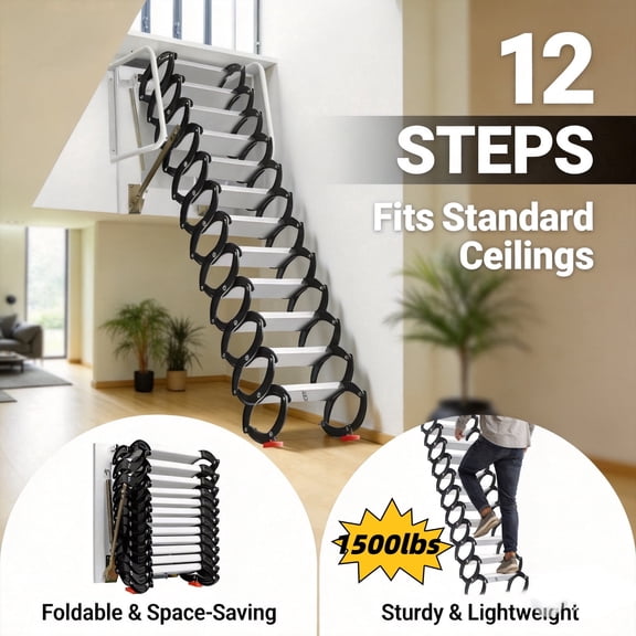 Muweixin 1500lbs Heavy-Duty Pull-Down Attic Ladder, Wall Mount Retractable Folding Stair with Non-Slip Treads & Handrail for Home Storage