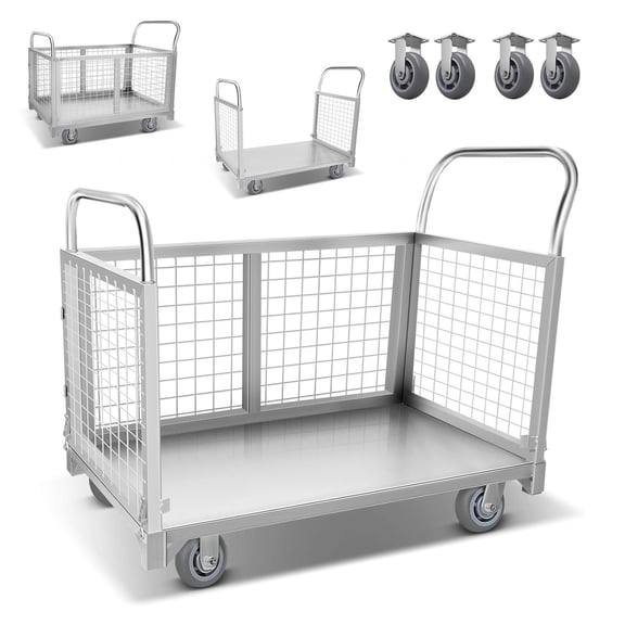 Muweixin Large Capacity Silver Steel Wire Mesh Utility Cart Disassembled Flatbed Cart with Lockable Wheels for Warehouse Logistics