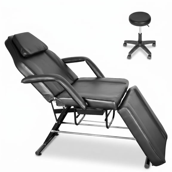Professional Facial Bed, Black Adjustable Tattoo Chair With Stool, Thick Padded Easy-Clean Surface For Beauty Salon Massage