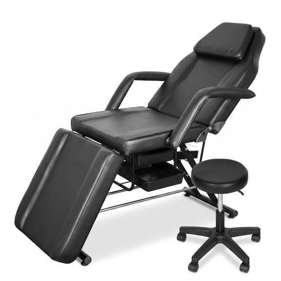 Muweixin Reclining Massage Table, Black Multipurpose Spa Chair With Stool And Trays, Triangular Support For Tattoo Studio Esthetician