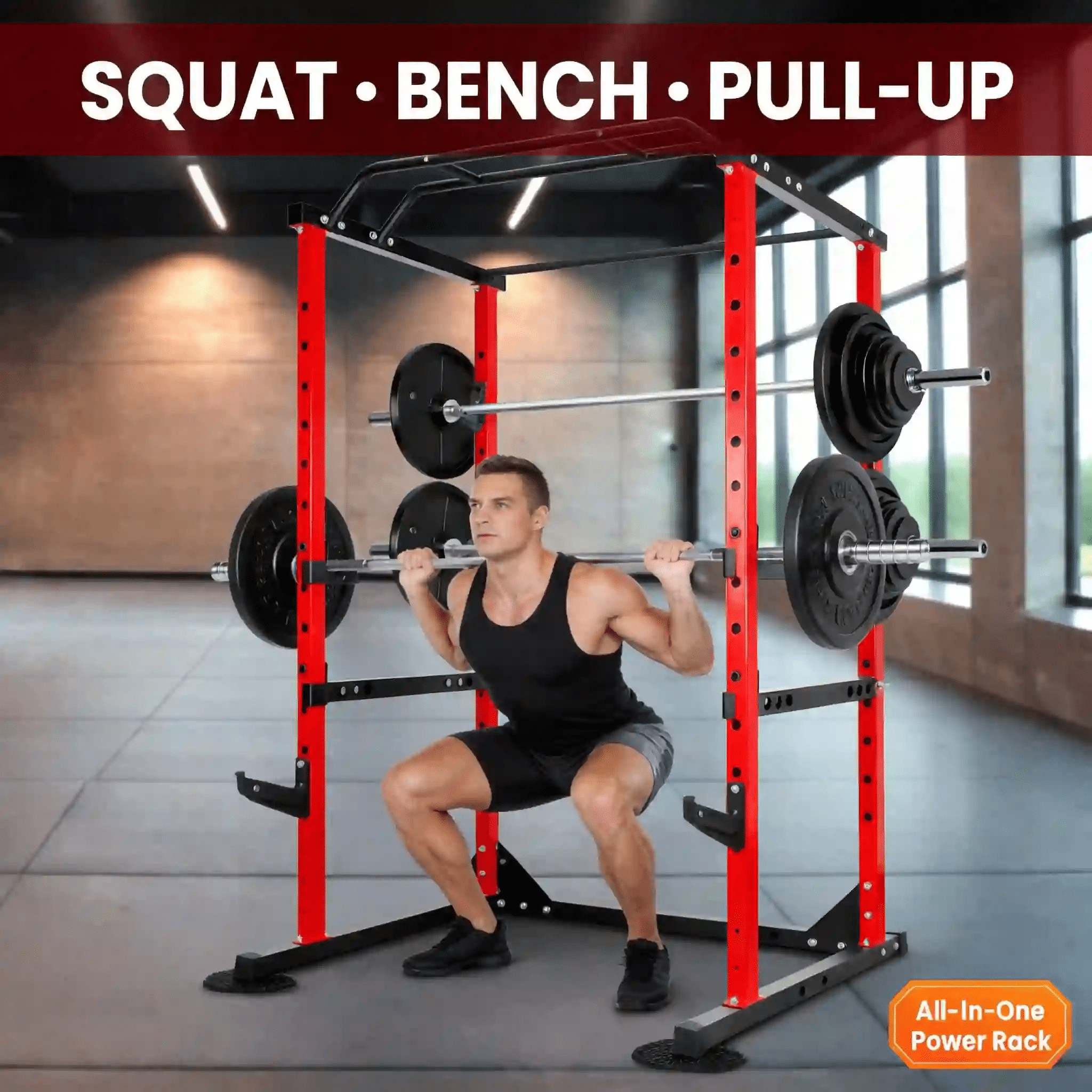 Muweixin Red Power Cage Squat Rack, All-In-One Home Gym Weight Lifting Station with Pull-Up Bar, 14-Level Adjustable Squat Stand for Bench Press & Deep Squat