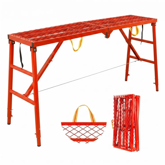 Muweixin Red Steel Anti Slip Grid Construction Scaffold,Foldable Reinforced Hinge Work Platform,770LBS Heavy Duty Maintenance Step Bench for Home Renovation & Vehicle Washing