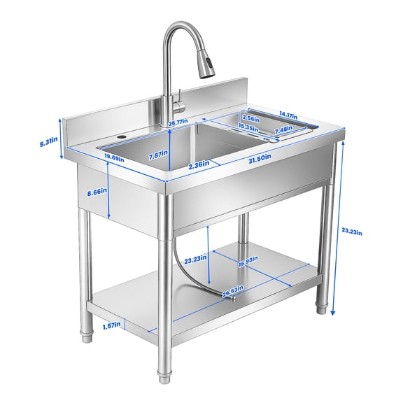 Muweixin Stainless Steel Utility Sink, 30" Commercial Single Bowl Kitchen Sink with Pull Out Faucet, Adjustable Storage Shelf, Prep Sink for Kitchen, Laundry Room, Restaurant, Garage