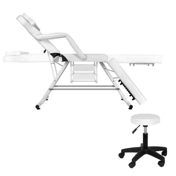 Muweixin White Tattoo Chair with Stool, 881LBS Heavy Duty Load Capacity, 130° Adjustable Backrest & Footrest, Removable Headrest Armrests, Metal Frame for Spa Massage Salon Tattoo Studio