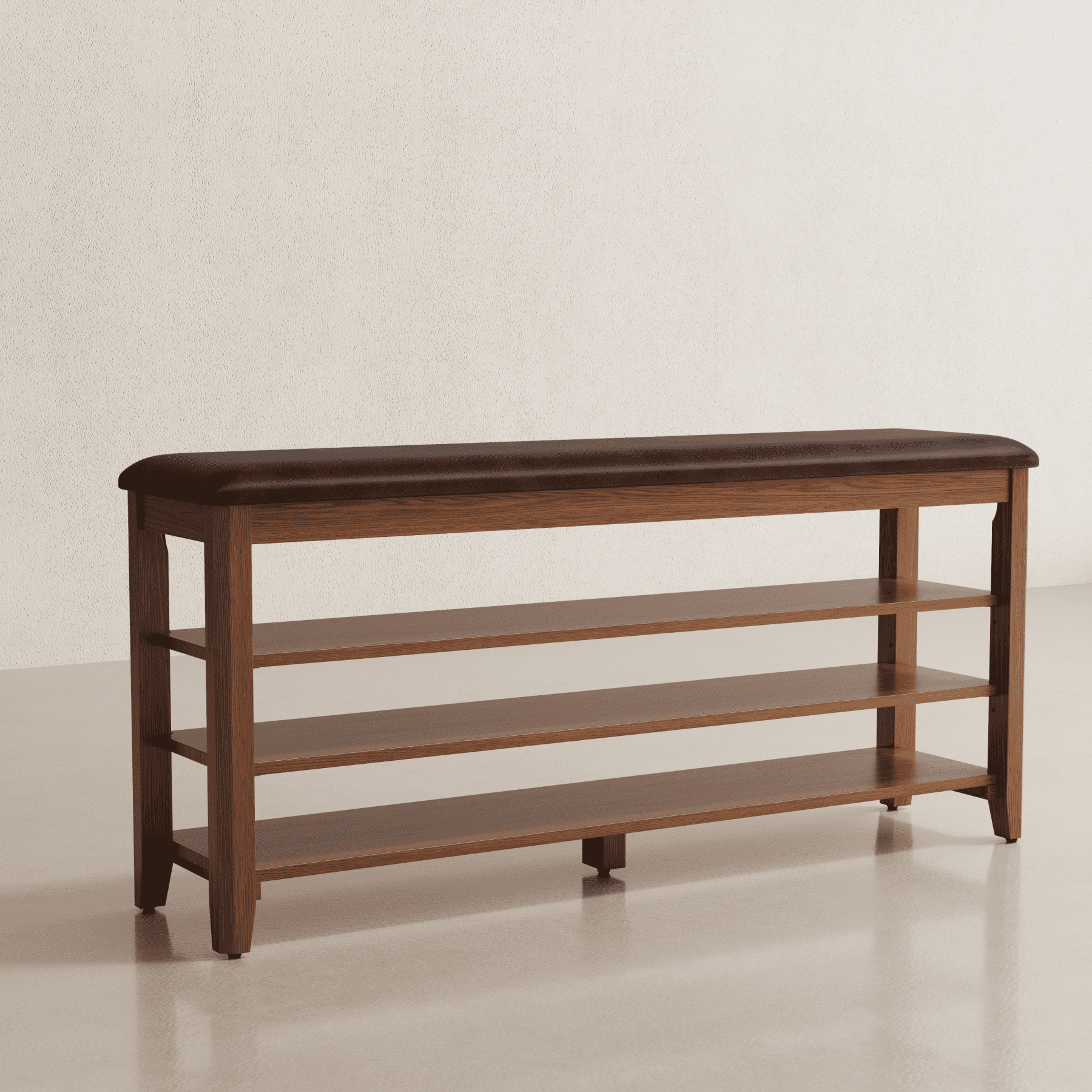 Muwuele 3-Tier Adjustable Shelves Shoe Rack with Leather Cushion, Walnut Wood