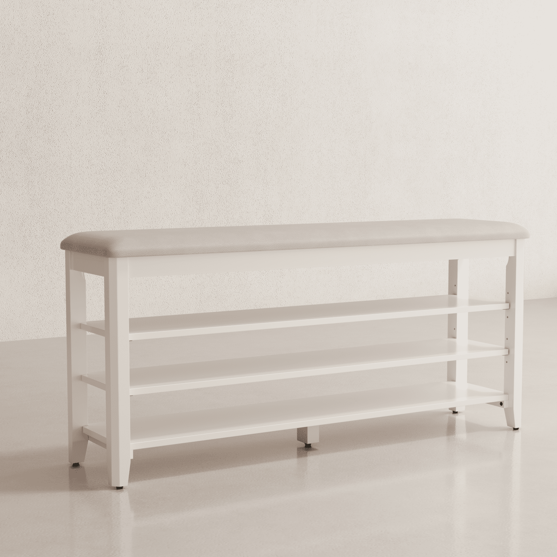 Muwuele 3-Tier Shoe Rack with Leather Cushion, Shoe Organizer Storage with Adjustable Shelves, White Wood Shoe Bench for Entryway, Mudroom, 47.2"W
