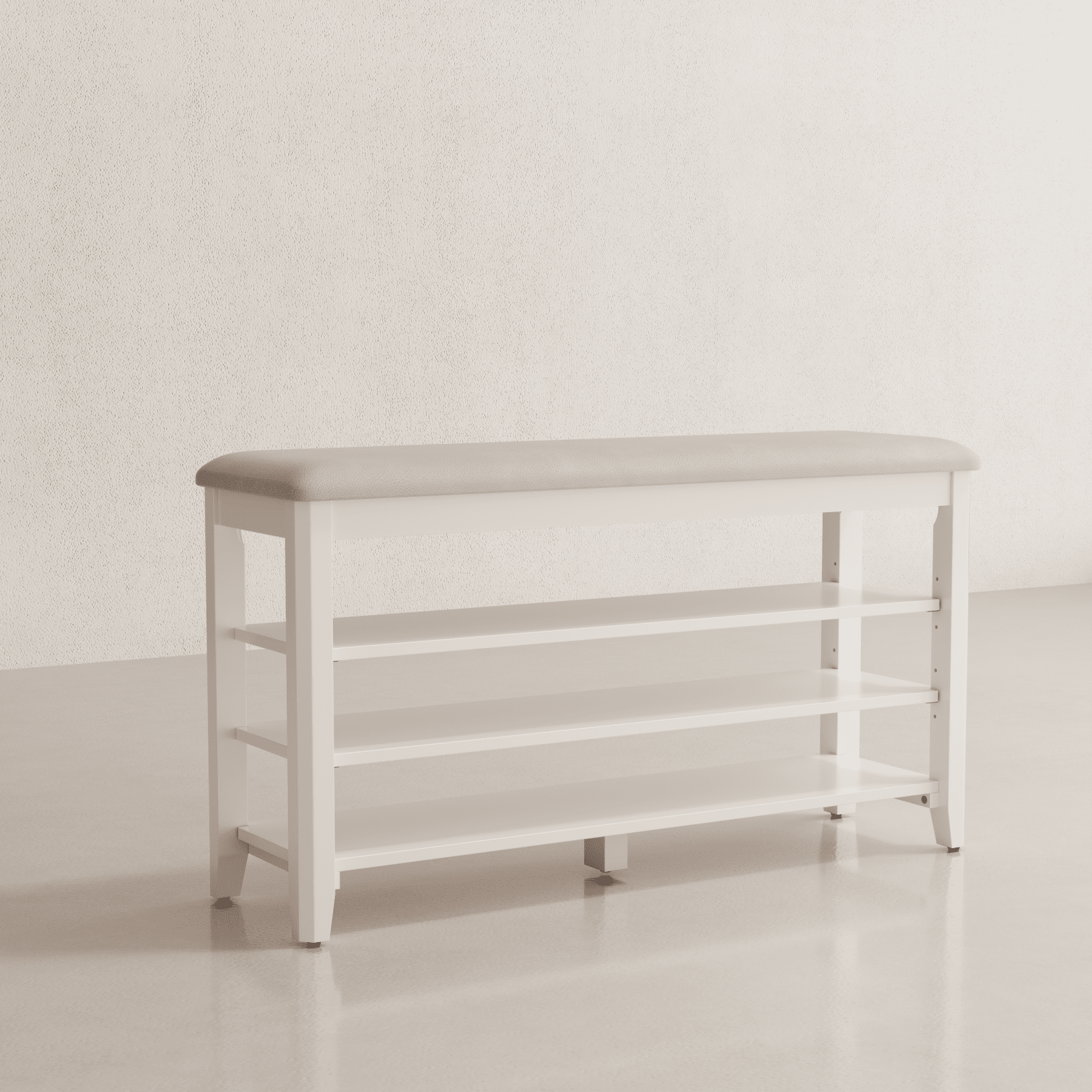 Muwuele 3-Tier Shoe Rack with Leather Cushion, Shoe Organizer Storage with Adjustable Shelves, White Wood Shoe Bench for Entryway, Mudroom, 39.3"W