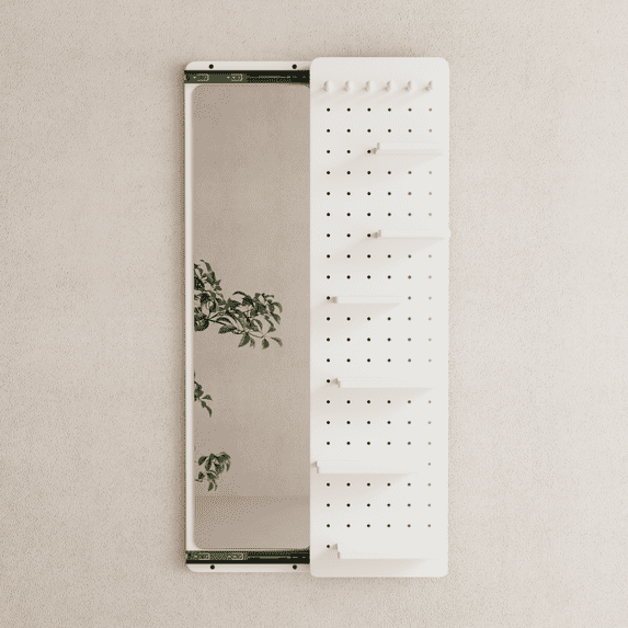 Muwuele Full Length Mirror, Pegboard with Shelf and Hooks, 64"L x 16"W, Wall Mounted Mirror with Multifunctional Design Panel, Entryway Mirrors for Living Room, Bedroom, White