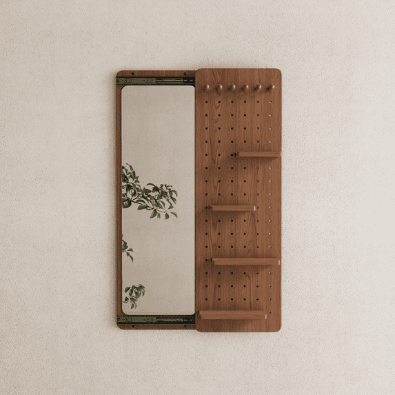 Muwuele Full Length Mirror, Pegboard with Shelf and Hooks, Wall Mounted Mirror with Multifunctional Design Panel, Entryway Mirrors for Living Room, Bedroom, Walnut
