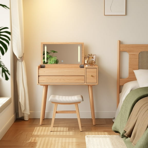 Muwuele Makeup Vanity Table with Mirror and 3 Lighting Modes, 32 Inch Large Dressing Table Set with 3 Drawers, Solid Wood Vanity Desk for Bedroom (Natural)