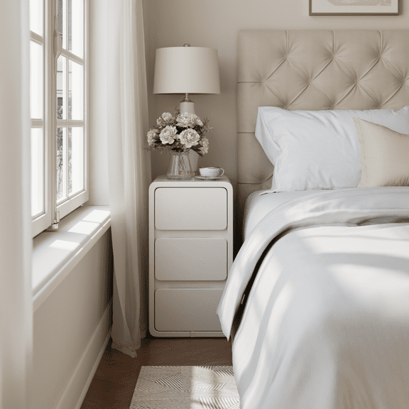 Muwuele Narrow Nightstand with Leather Surface, 3 Drawers, Solid Wood Bedside Table, White Nightstand for Bedroom, Living Room, Fully Assembled