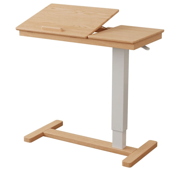 Muwuele Natural Overbed Table with Wheels, Adjustable Tilt Top Rolling Laptop Desk for Bed, Sofa and Home Office