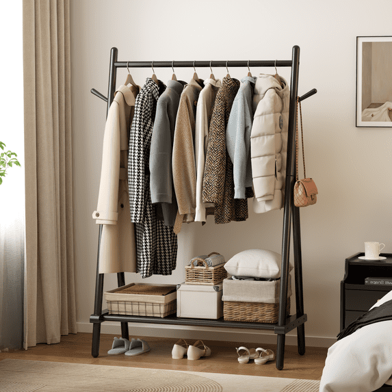 Muwuele Wood Clothing Rack for Hanging Clothes, Freestanding Garment Rack with Shelves, Heavy Duty 350 lbs, Portable Closet Organizer (Black)