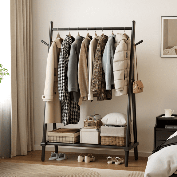 Muwuele Wood Clothing Rack for Hanging Clothes, Freestanding Garment Rack with Shelves, Heavy Duty 350 lbs, Portable Closet Organizer (Black)
