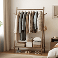 thumbnail image 1 of Muwuele Wood Clothing Rack for Hanging Clothes, Freestanding Garment Rack with Shelves, Heavy Duty 350 lbs, Portable Closet Organizer (Walnut), 1 of 9