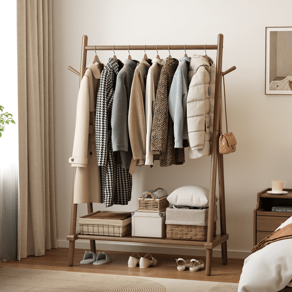 Muwuele Wood Clothing Rack for Hanging Clothes, Freestanding Garment Rack with Shelves, Heavy Duty 350 lbs, Portable Closet Organizer (Walnut)