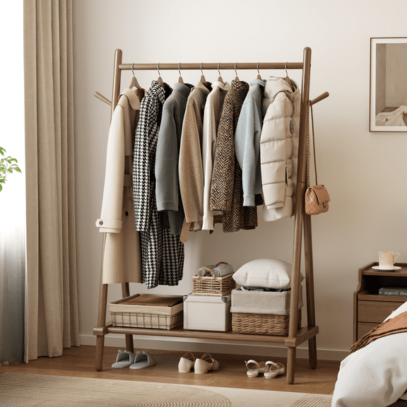 Muwuele Wood Clothing Rack for Hanging Clothes, Freestanding Garment Rack with Shelves, Heavy Duty 350 lbs, Portable Closet Organizer (Walnut)
