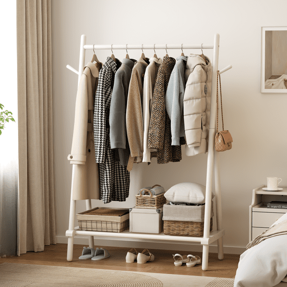 Muwuele Wood Clothing Rack for Hanging Clothes, Freestanding Garment Rack with Shelves, Heavy Duty 350 lbs, Portable Closet Organizer (White)