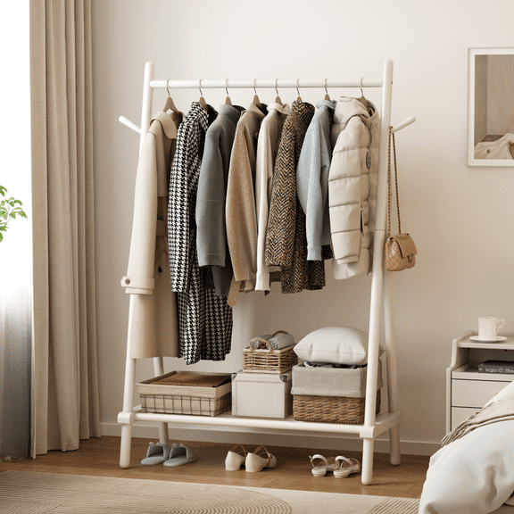 Muwuele Wood Clothing Rack for Hanging Clothes, Freestanding Garment Rack with Shelves, Heavy Duty 350 lbs, Portable Closet Organizer (White)