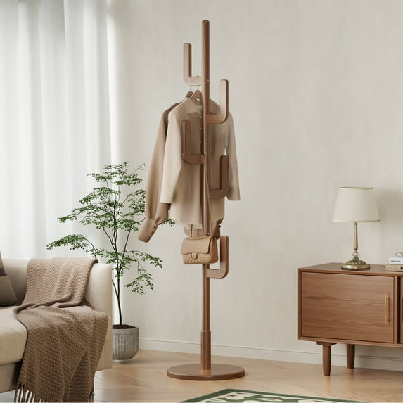 Muwuele Solid Wood Coat Rack Freestanding with 6 Hooks and 3 Adjustable Sizes, Coat Tree for Bedroom, Entryway, Livingroom, Coat Hanger Stand for Coats, Hats, Bags (Walnut)