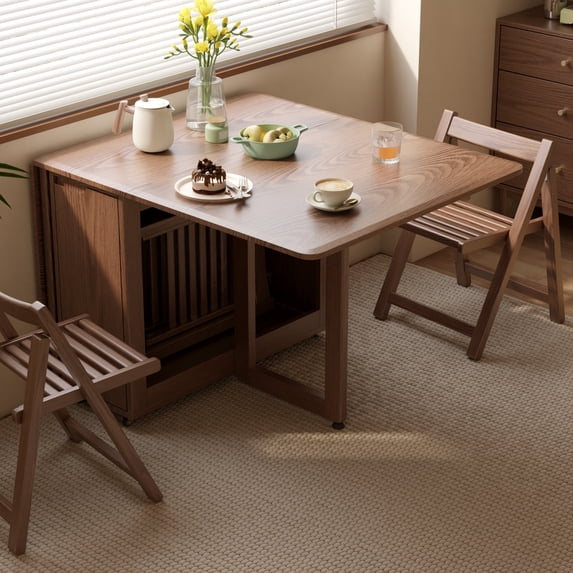 Muwuele Solid Wood Folding Dining Table with 2 Foldable Chairs Set, Drop Leaf Kitechen Table, Space Saving Extendable for Living Room, 55"W, Walnut