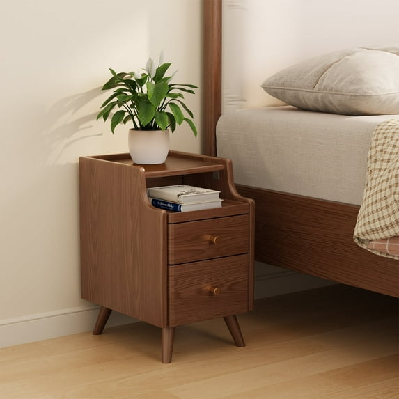 Muwuele Solid Wood Nightstand with 2 Drawer and Storage, Small Bedside Table, Narrow Walnut Nightstand for Bedroom, Living room