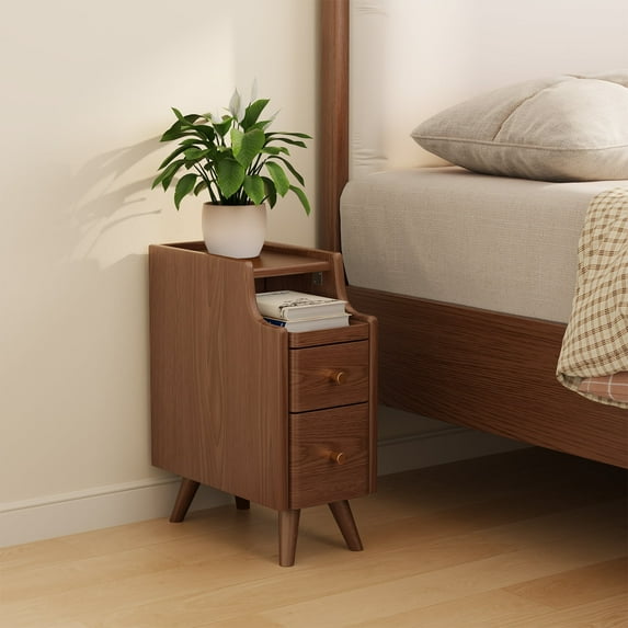 Muwuele Solid Wood Nightstand with Drawers, Small Bedside Table, Narrow Walnut Nightstand for Bedroom, Living room