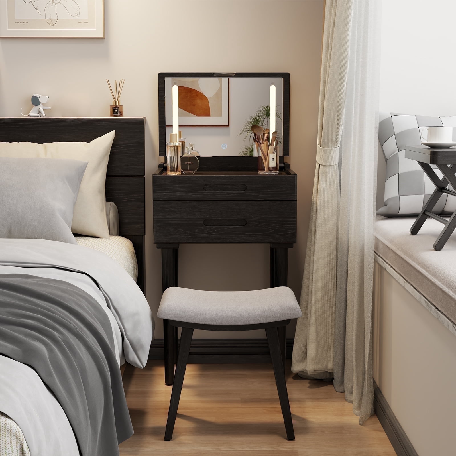 Muwuele Solid Wood Vanity Desk with Flip Top Mirror, Small Makeup Vanity with  Stool, Brightness Adjustable Lights, Compact Dressing Table for Bedroom, Living Room, Black