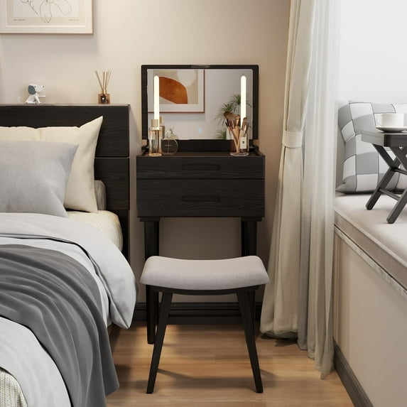 Muwuele Solid Wood Vanity Desk with Flip Top Mirror, Small Makeup Vanity with Stool, Brightness Adjustable Lights, Compact Dressing Table for Bedroom, Living Room, Black