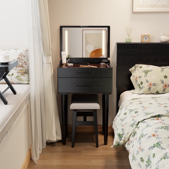 Muwuele Vanity Desk, Black Wood Makeup Table with Flip Top Mirror, Adjustable Lights, Jewelry Organizer and Drawers