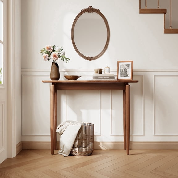 Muwuele 39.4" Walnut Console Table with Solid Rubberwood Top and Metal Frame, Narrow Mid-Century Sofa Table for Entryway and Hallway, Walnut