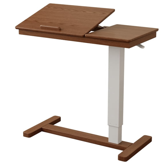 Muwuele Walnut Overbed Table with Wheels, Adjustable Tilt Top Rolling Laptop Desk for Bed and Sofa, Executive Mobile Bedside Table, Walnut Finish