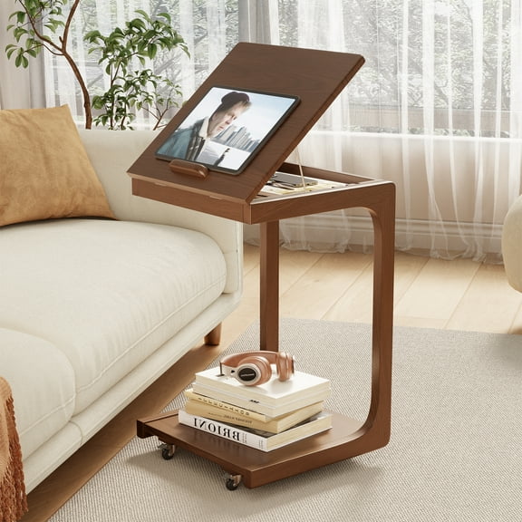 Muwuele Rolling Side Table with Wheels, Solid Wood C-Shaped End Table with Adjustable Desktop, Coffee Sofa End Cart Laptop for Couch Living Room Bedroom, Walnut