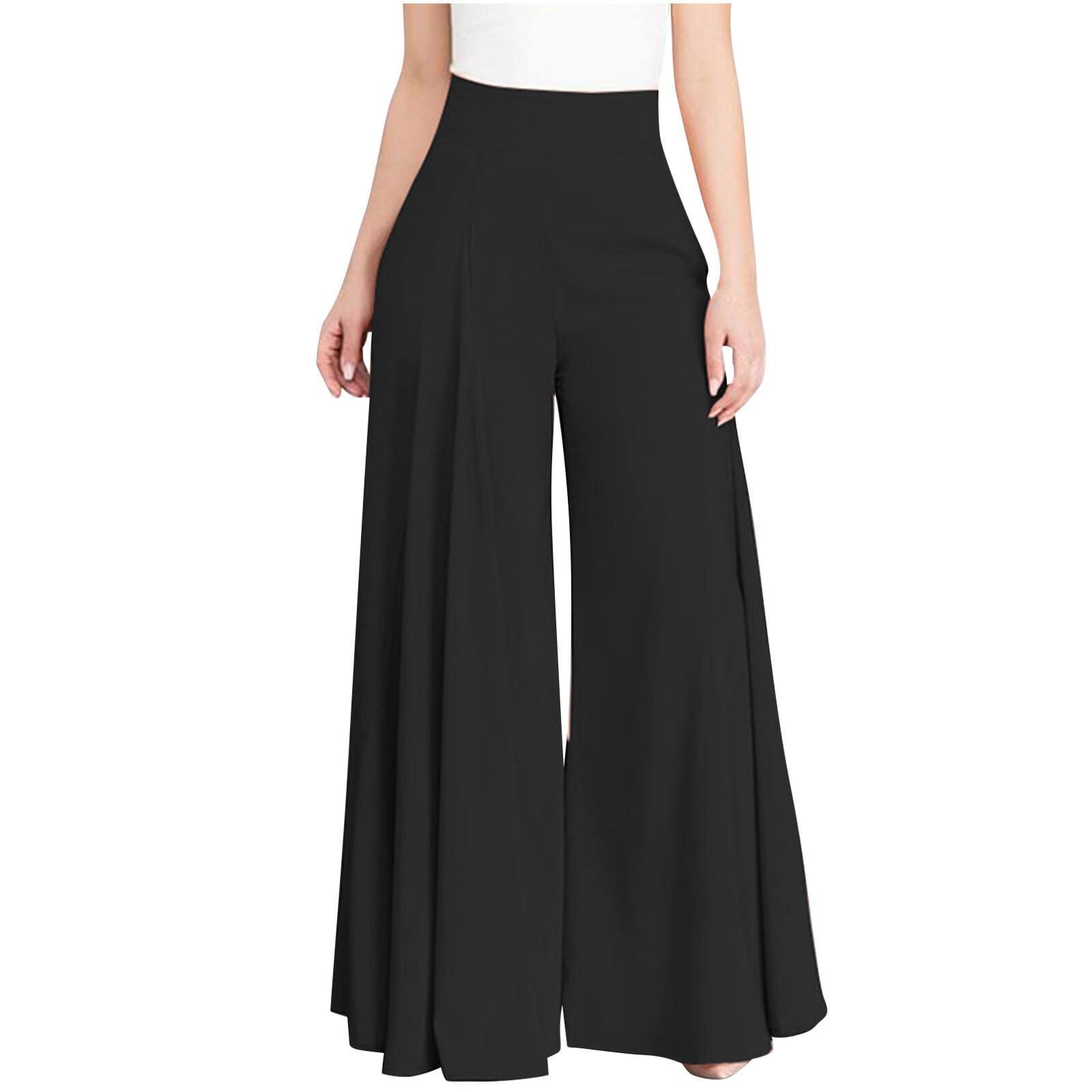 Womens Casual Wide Leg Palazzo Pants Ladies High Waist Flared Trousers Plus  Size