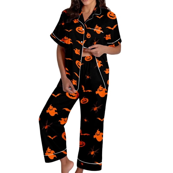 Muxikeji Clothes Halloween Pajamas Pants for Women,2 Piece Pajama Set for Women,Halloween Pumpkin Print Short Sleeve Shirts and Long Pants Women'S Pajama Set for Sleepwear Pj