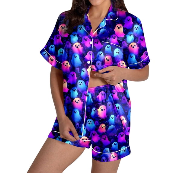 Muxikeji Clothes Halloween Pajamas Women Soft,Women'S Halloween Printed Short Sleeve Shorts Pajama Set With Pocket Button Front Comfortable Sleepwear Loungewear Nightwear