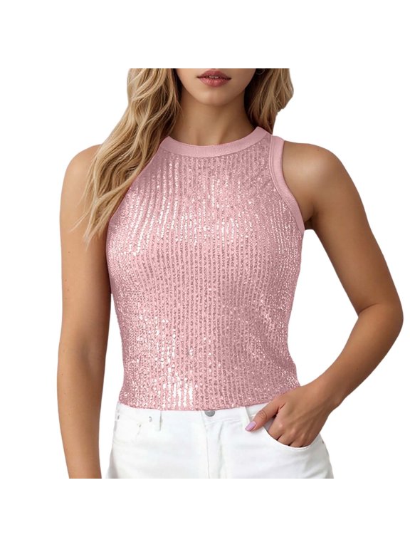 Summer Tops,Fashion Sequin Camisole Sleeveless Glitter Rhinestone Spaghetti Strap Tank Top for Women Casual Party Wear