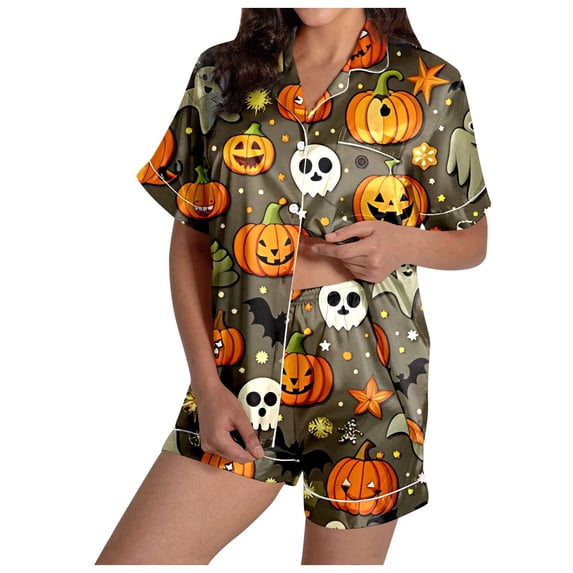 Muxikeji Clothes Women Halloween Pajamas Short,Women'S Leisure Halloween Printing Pajama Set Silk Satin Shirt Button Jacket and Pants Set