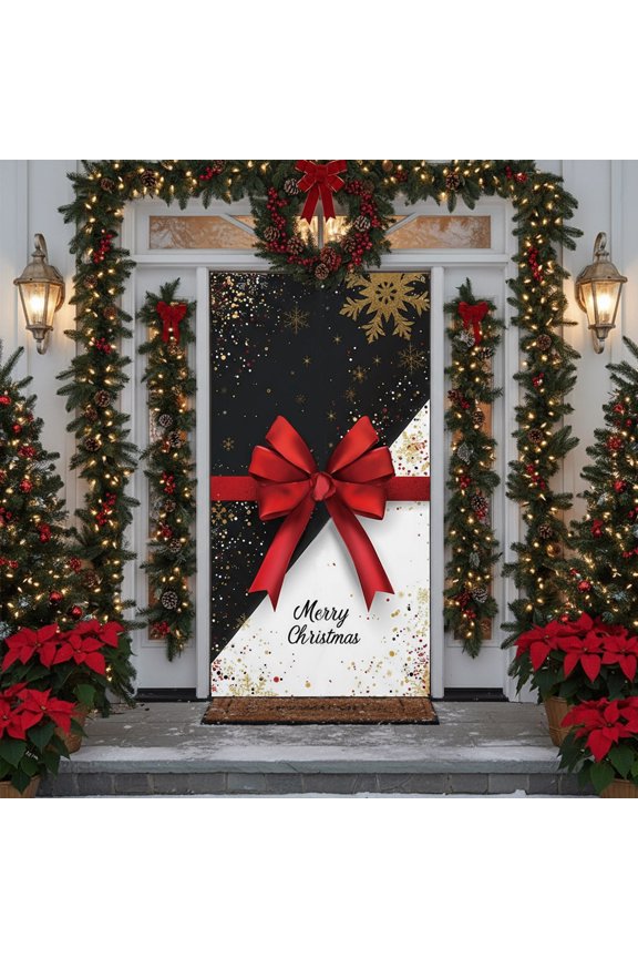 Christmas Door Cover - Nylon & Spandex, 35.4x70.9 in - Bow - Tied, Festive