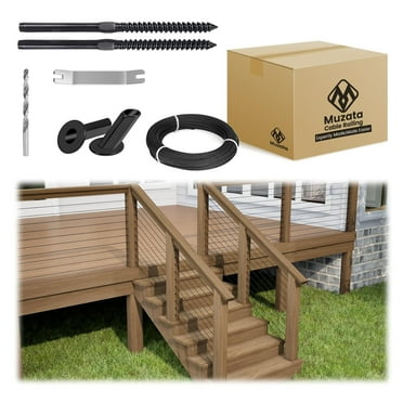 Muzata 0-10 ft Black Complete Set Wood Cable Railing System 1/8" Swage Lag Screws Angle Protector Sleeve and Wire Rope Full-Service Stair Section Super Easy DIY Cable Railing kit WA04