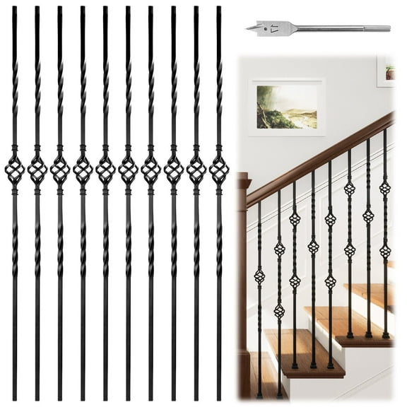 Muzata 10P Wrought Iron Balusters 44'' Single Basket Stair Metal Balusters WT04