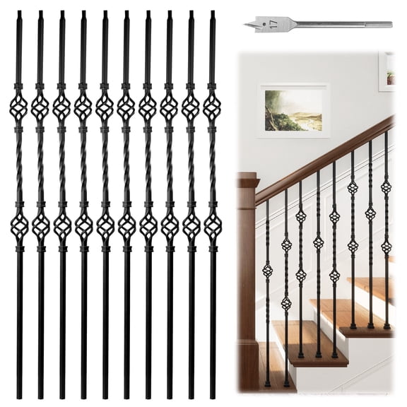 Muzata 10p 44'' Wrought Iron Balusters Black Double Basket Twist Hollow WT05