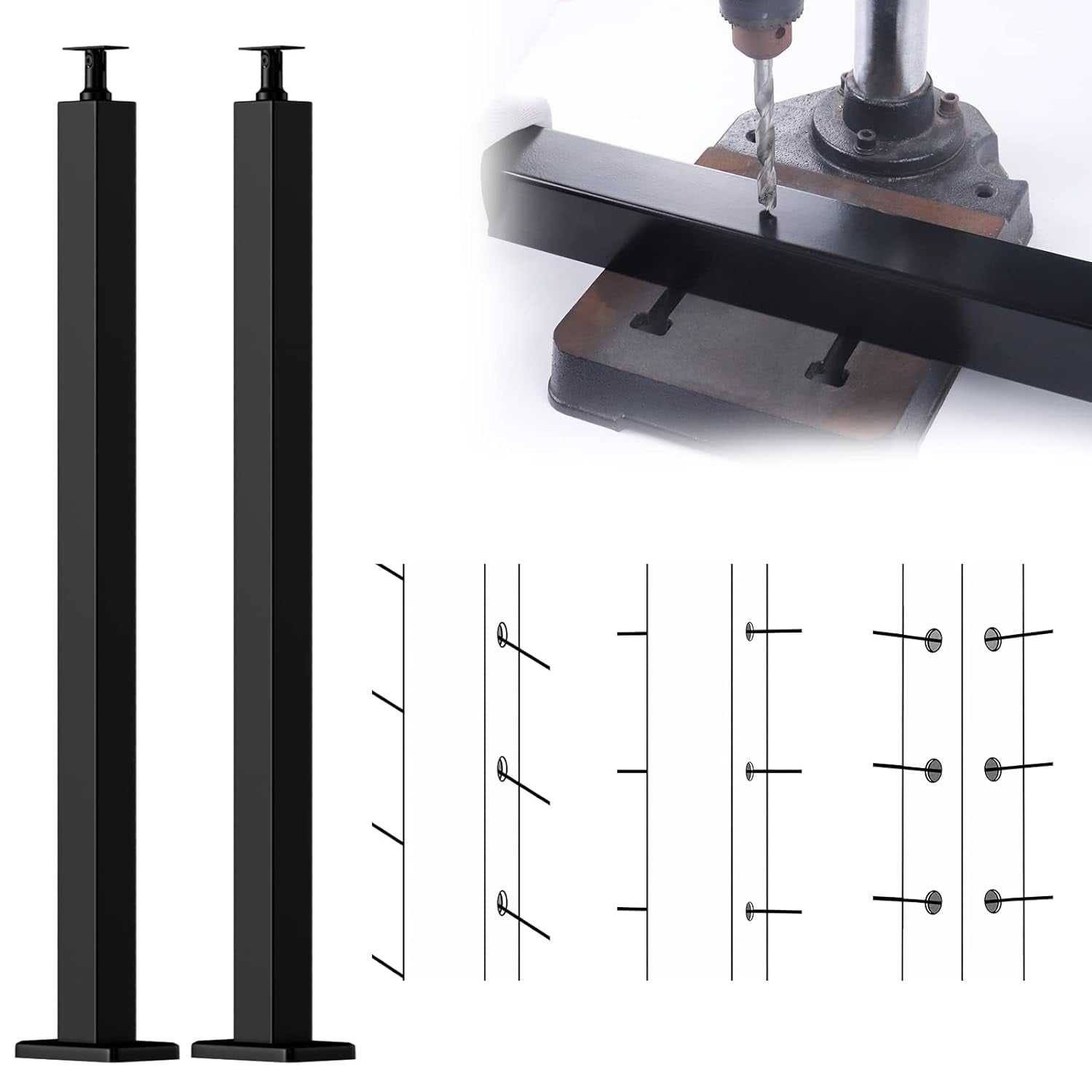 Muzata 2Pack Cable Railing Post Un-drilled Post 36"x2"x2" Stainless Steel Black Finishing Top Mount for Wood Concrete Level Angle Deck Stair PS01 BN4S