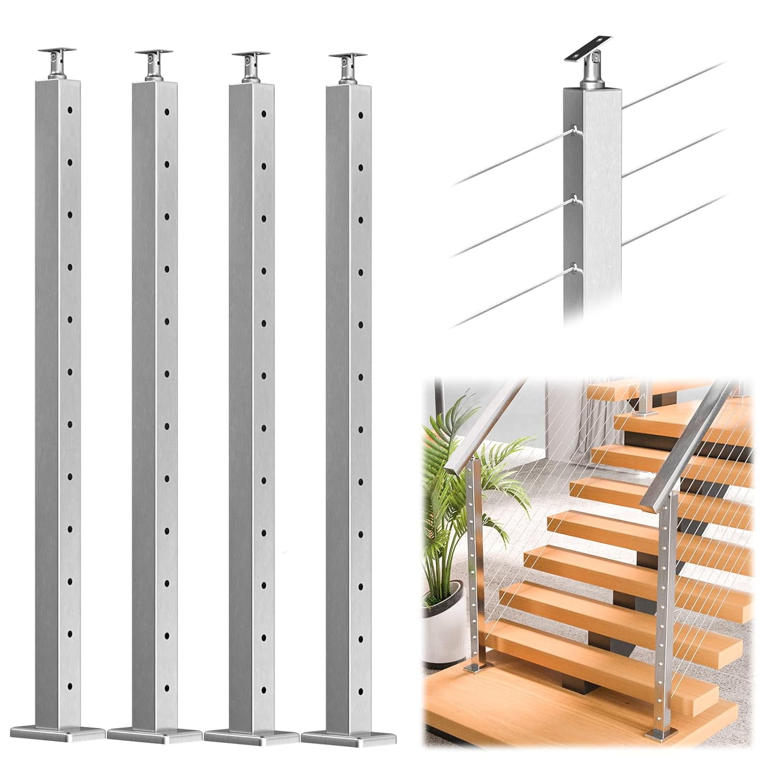 Muzata 4Pack Cable Railing Post Stair Post 30°-drilled Angle Holes 42 ...